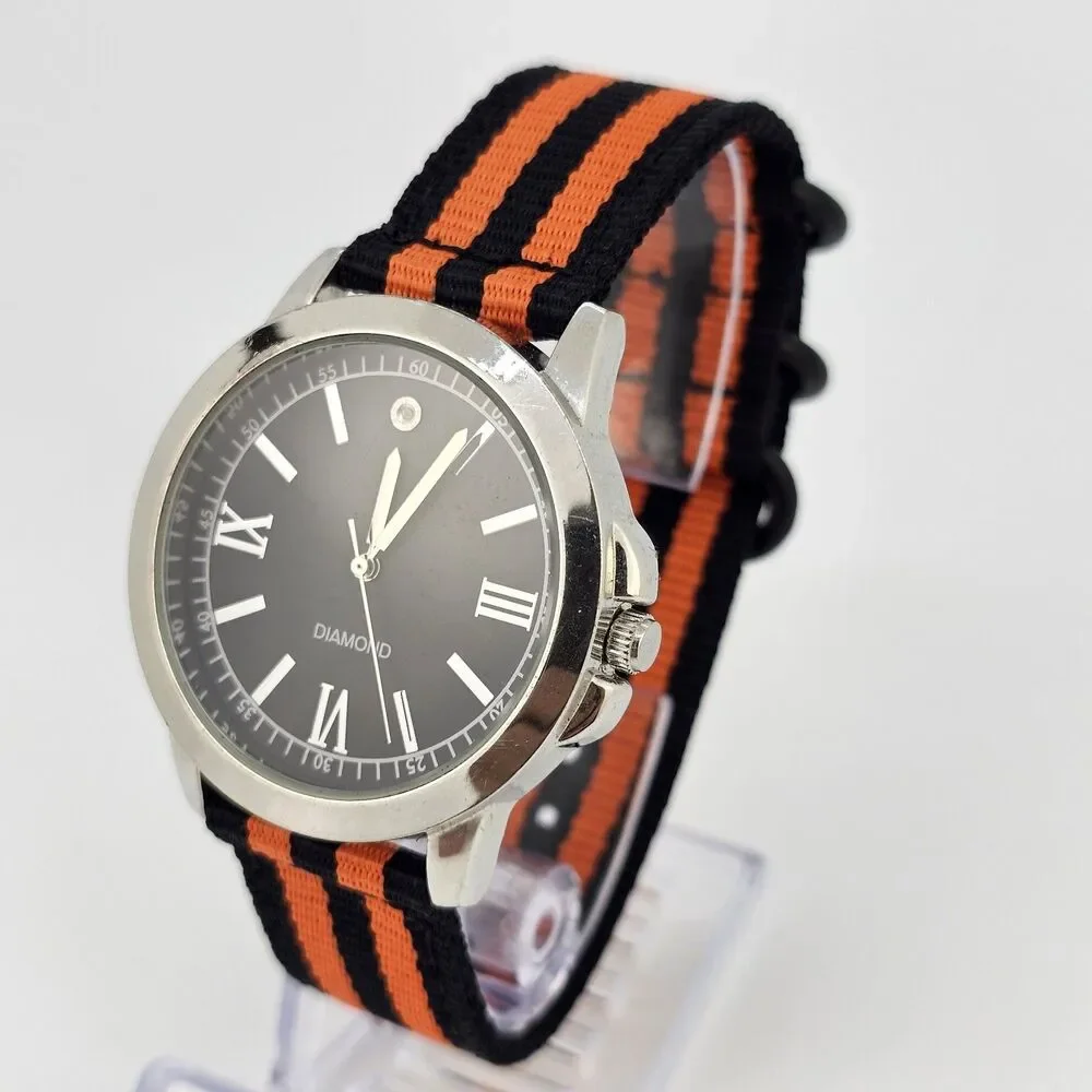 Men's Diamond Watch 40MM Black Dial New Black‎ Orange Canvas Bands New Battery